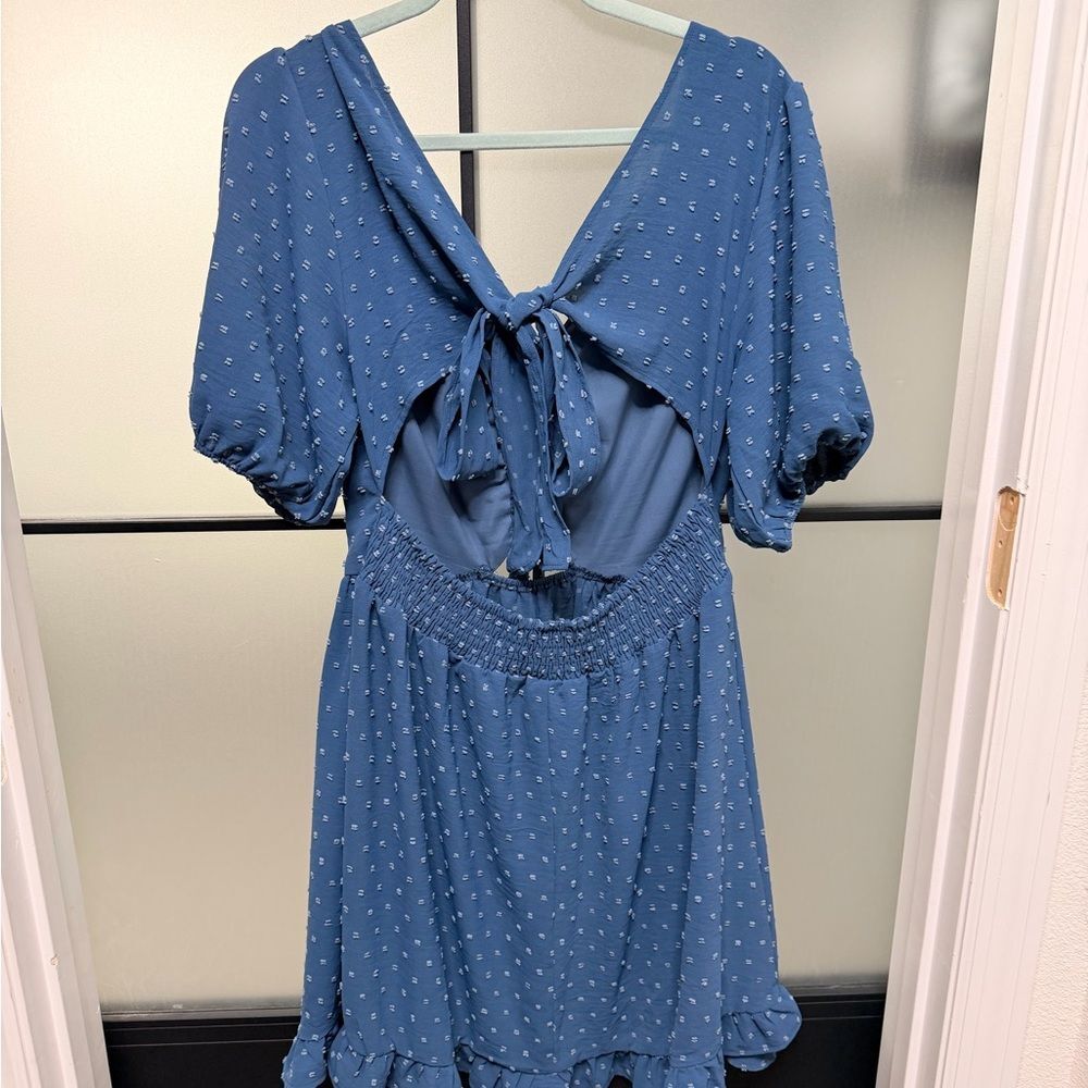 Dusty Blue Swiss Dot Mini Dress XL Puff Sleeve Smocked Open Tie Back - Picture 3 of 7